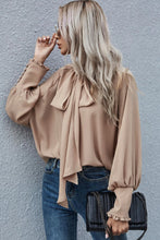 Load image into Gallery viewer, Khaki Frilled Knotted Mock Neck Bishop Sleeve Blouse