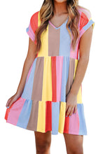 Load image into Gallery viewer, Multicolor Striped Color Block Tiered Mini Dress