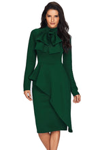 Load image into Gallery viewer, Jade Green Asymmetric Peplum Style Pussy Bow Dress