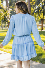 Load image into Gallery viewer, Light Blue V Neck Long Sleeve Ruffle Tiered Mini Dress