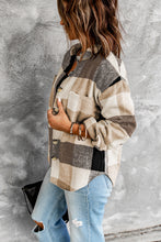 Load image into Gallery viewer, Khaki Plaid Color Block Buttoned Long Sleeve Jacket with Pocket