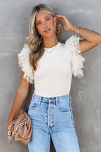 Load image into Gallery viewer, Beige Dotty Mesh Ruffle Sleeve Ribbed Knit Top