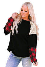 Load image into Gallery viewer, Crewneck Lantern Sleeve Plaid Sequin Splicing Pullover Sweatshirt