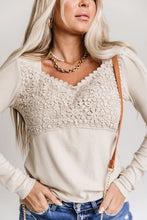 Load image into Gallery viewer, Beige Lace Crochet V Neck Long Sleeve Top