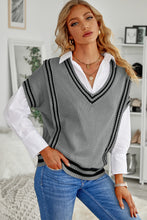 Load image into Gallery viewer, V Neck Contrast Stripes Trims Short Sleeve Sweater