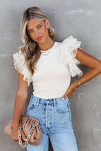 Load image into Gallery viewer, Beige Dotty Mesh Ruffle Sleeve Ribbed Knit Top