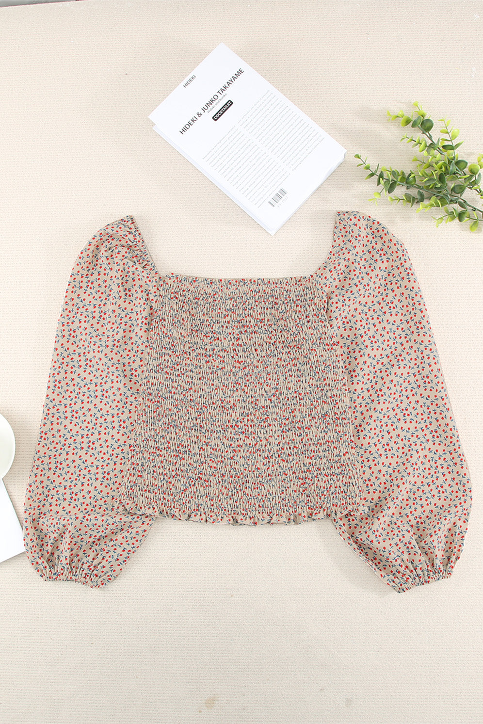 Apricot Square Neck Puff Sleeve Floral Smocked Top