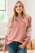 Load image into Gallery viewer, Leopard Sequin Splicing Sleeves Textured Knit Top