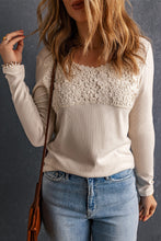 Load image into Gallery viewer, Beige Lace Crochet V Neck Long Sleeve Top