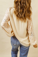 Load image into Gallery viewer, Beige Leopard Mesh Bubble Sleeve Split Neck Blouse