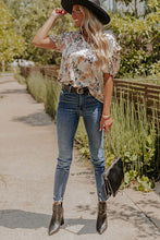 Load image into Gallery viewer, Leopard Floral Print Split Neck Puff Sleeve Blouse