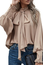 Load image into Gallery viewer, Khaki Frilled Knotted Mock Neck Bishop Sleeve Blouse