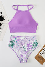 Load image into Gallery viewer, Solid Strappy Halter Bikini Printed High Waist Swimsuit
