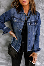 Load image into Gallery viewer, Lapel Distressed Raw Hem Buttons Denim Jacket