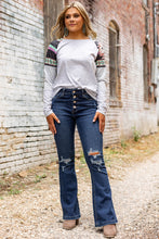 Load image into Gallery viewer, Dark Washed Distressed Flare Bottom Jeans