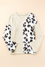 Load image into Gallery viewer, Beige Asymmetric Leopard Patchwork Wide Sleeve V Neck Sweater