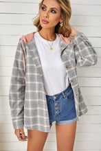 Load image into Gallery viewer, Khaki Drawstring Plaid Hooded Shacket
