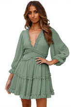 Load image into Gallery viewer, Layered Ruffled Open Back Puff Sleeve Swiss Dot Mini Dress