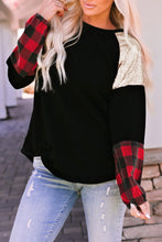 Load image into Gallery viewer, Crewneck Lantern Sleeve Plaid Sequin Splicing Pullover Sweatshirt