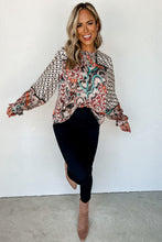 Load image into Gallery viewer, Black Black Mixed Floral Geometric Print Ruffled Long Sleeve Blouse
