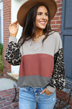 Load image into Gallery viewer, Wild Leopard Contrast Sleeve Colorblock Waffle Knit Top
