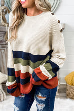 Load image into Gallery viewer, Buttoned Shoulder Drop Shoulder Striped Sweater