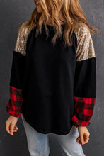 Load image into Gallery viewer, Crewneck Lantern Sleeve Plaid Sequin Splicing Pullover Sweatshirt