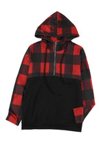 Load image into Gallery viewer, Contrast Buffalo Plaid Zip Pullover Hooded Top