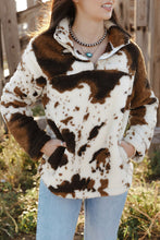 Load image into Gallery viewer, Zip Collar Cow Print Fleece Sweatshirt
