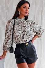 Load image into Gallery viewer, Khaki Frilled Neck 3/4 Sleeves Cheetah Blouse