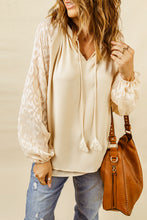 Load image into Gallery viewer, Beige Leopard Mesh Bubble Sleeve Split Neck Blouse