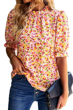 Load image into Gallery viewer, Boho Floral Ruffle Short Sleeve Frill Mock Neck Blouse