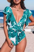 Load image into Gallery viewer, Sexy Deep V Neck Floral Print Ruffles One Piece Swimwear
