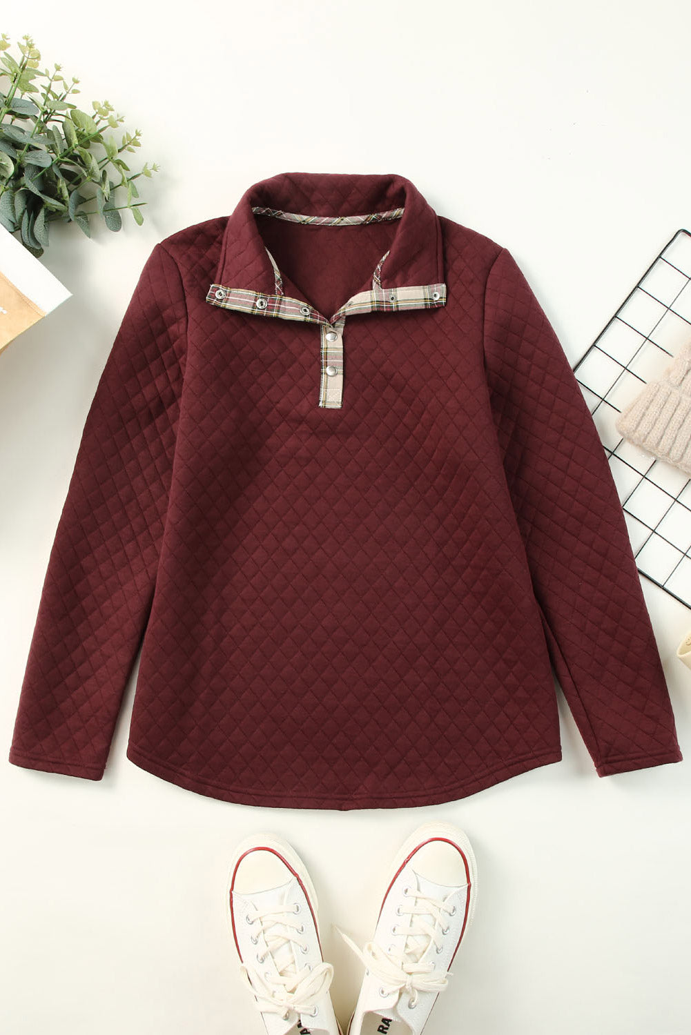 Red Geometric Texture Plaid Trim Sweatshirt