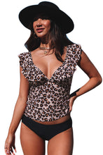 Load image into Gallery viewer, Ruffled Leopard Tankini Top and Solid Color Panty Swimwear
