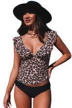 Load image into Gallery viewer, Ruffled Leopard Tankini Top and Solid Color Panty Swimwear