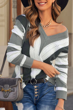 Load image into Gallery viewer, Striped Colorblock V Neck Knitted Sweater