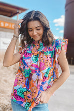 Load image into Gallery viewer, Multicolor Floral Print Flutter Sleeves Smocked Neck Blouse