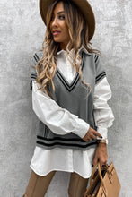 Load image into Gallery viewer, V Neck Contrast Stripes Trims Short Sleeve Sweater