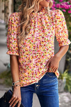 Load image into Gallery viewer, Boho Floral Ruffle Short Sleeve Frill Mock Neck Blouse