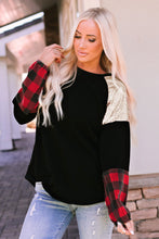 Load image into Gallery viewer, Crewneck Lantern Sleeve Plaid Sequin Splicing Pullover Sweatshirt