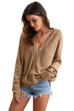 Load image into Gallery viewer, Khaki Zipper V-neck Dropped Sleeve Hooded Solid Sweater