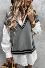 Load image into Gallery viewer, V Neck Contrast Stripes Trims Short Sleeve Sweater