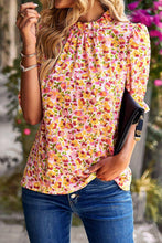 Load image into Gallery viewer, Boho Floral Ruffle Short Sleeve Frill Mock Neck Blouse