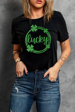 Load image into Gallery viewer, St Patrick Sequin Lucky Clover Print Short Sleeve T-shirt