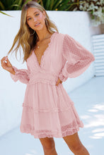 Load image into Gallery viewer, Layered Ruffled Open Back Puff Sleeve Swiss Dot Mini Dress