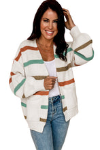 Load image into Gallery viewer, Beige Drop Shoulder Pocketed Stripe Sweater Cardigan