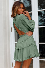 Load image into Gallery viewer, Layered Ruffled Open Back Puff Sleeve Swiss Dot Mini Dress