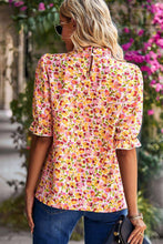 Load image into Gallery viewer, Boho Floral Ruffle Short Sleeve Frill Mock Neck Blouse
