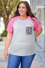 Load image into Gallery viewer, Stripe Leopard Patch Pocket Plus Size Raglan Sleeve Tee